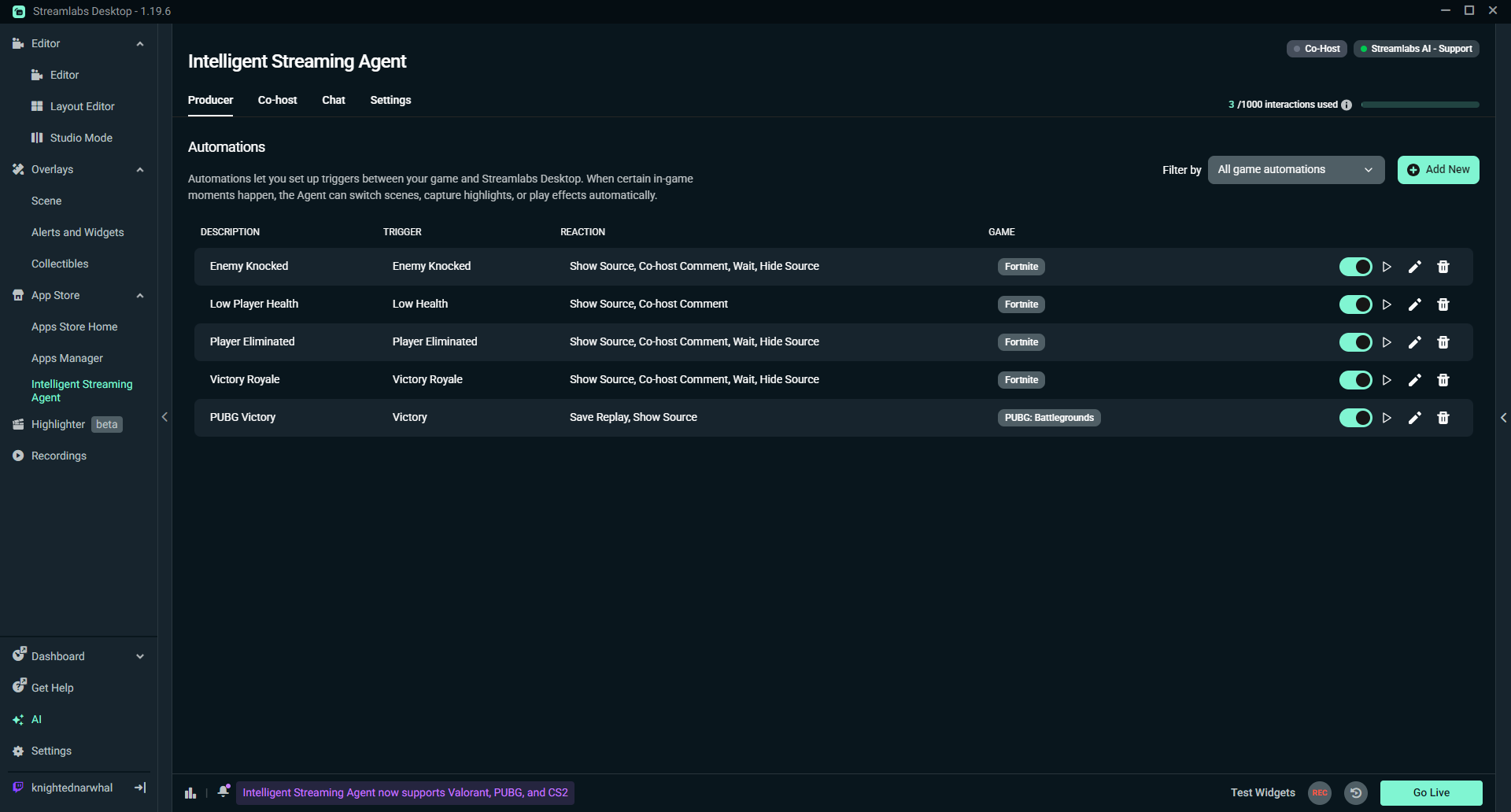 Intelling Streaming Agent automations screenshot